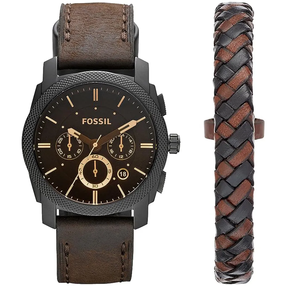 Fossil Men's Black Dial Dark Brown Leather Band Analog Quartz Watch - FS5251SET