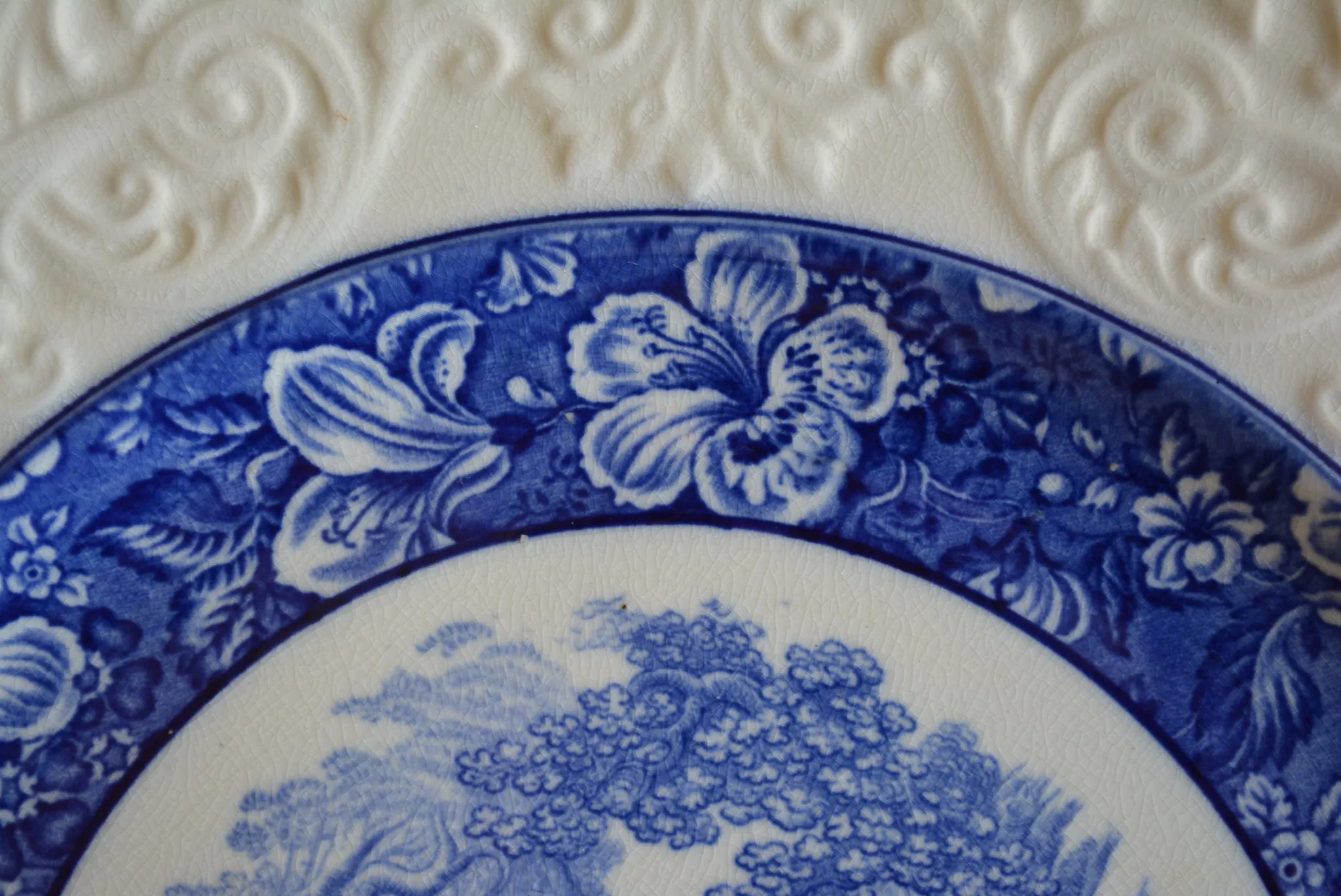 French Country Blue Transferware Charger Round Platter Shepherd Boy w/ His Dog & Sheep Embossed Border