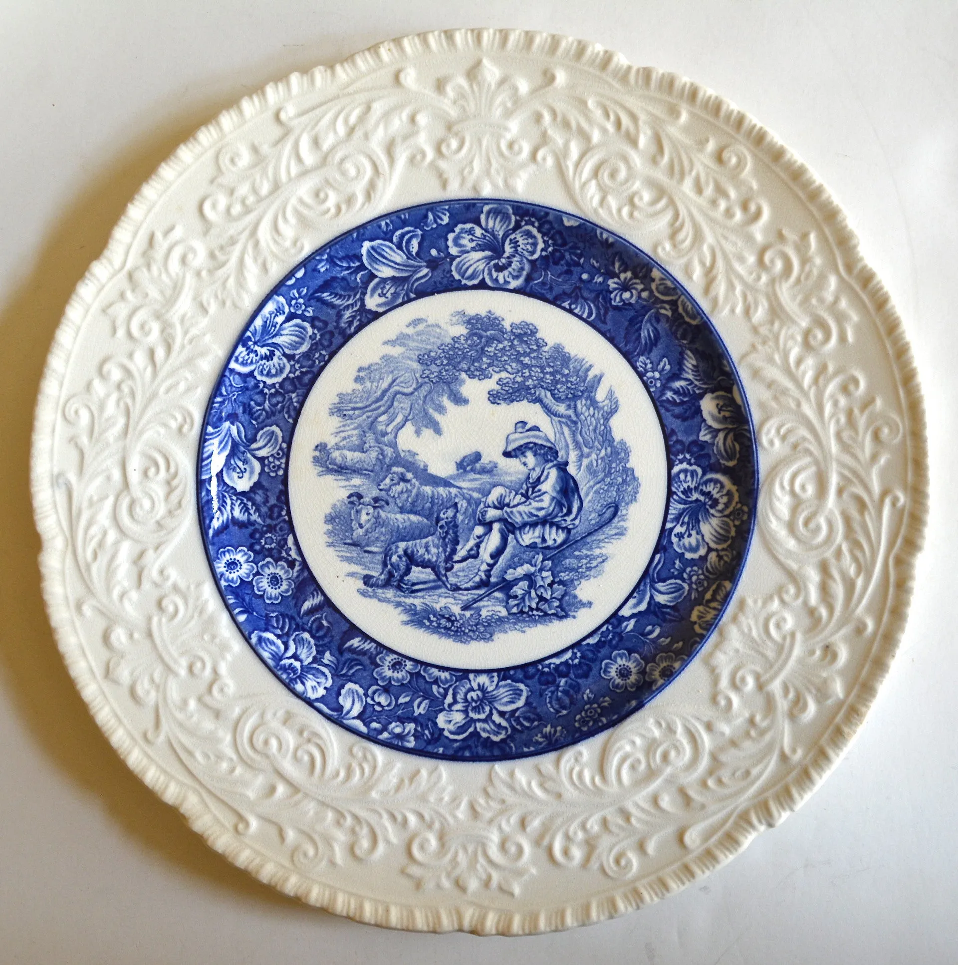 French Country Blue Transferware Charger Round Platter Shepherd Boy w/ His Dog & Sheep Embossed Border