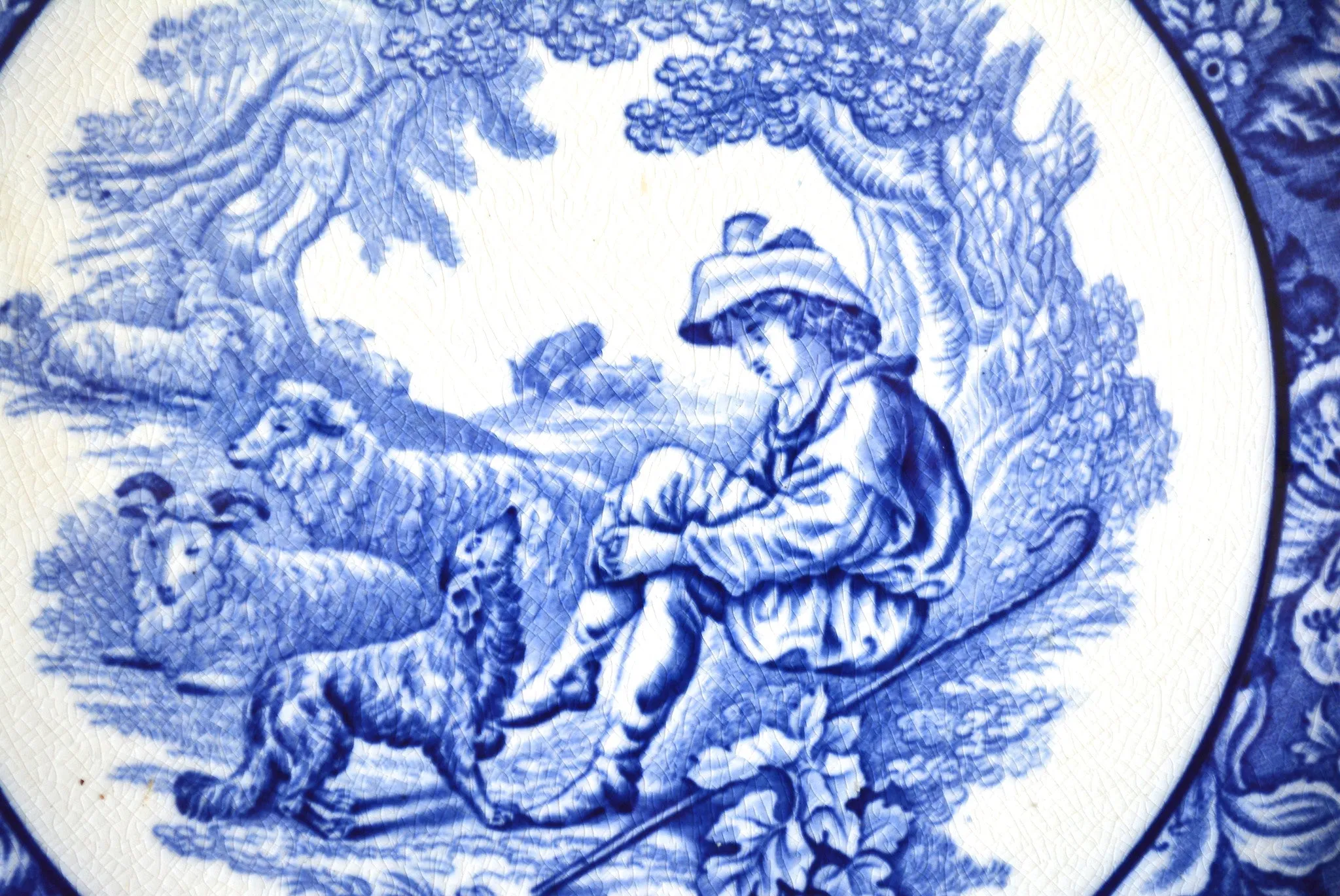 French Country Blue Transferware Charger Round Platter Shepherd Boy w/ His Dog & Sheep Embossed Border