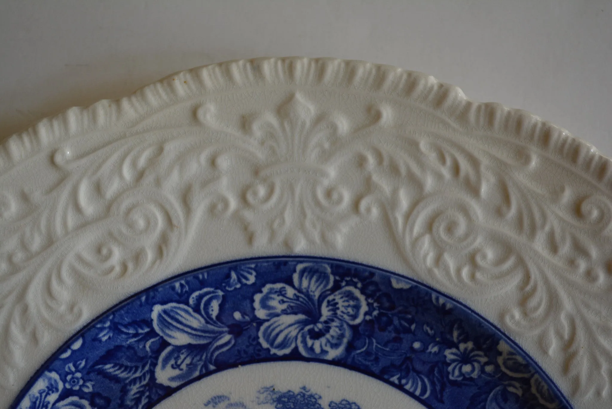 French Country Blue Transferware Charger Round Platter Shepherd Boy w/ His Dog & Sheep Embossed Border