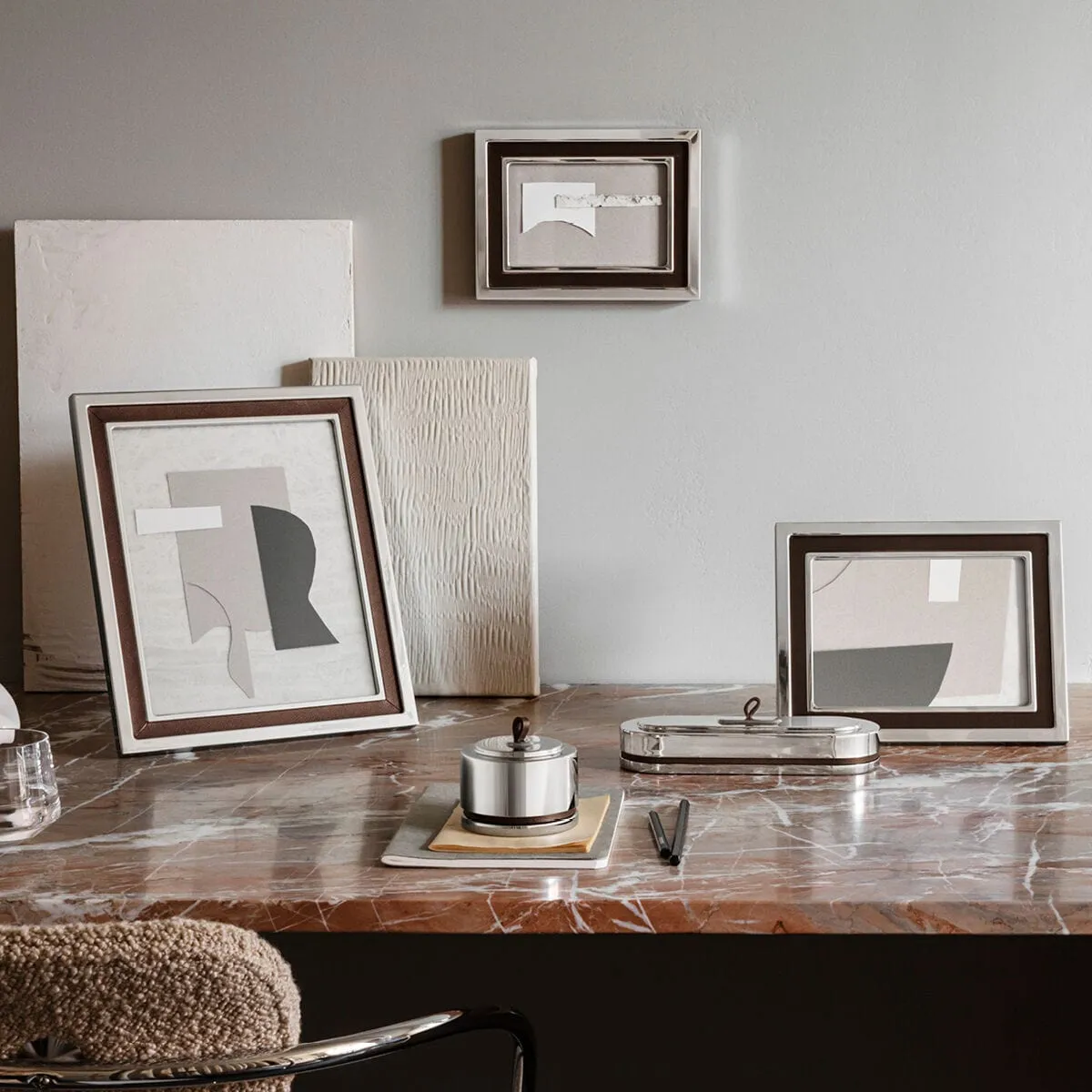 Georg Jensen Manhattan Box Wide Stainless Steel Mirror & Leather