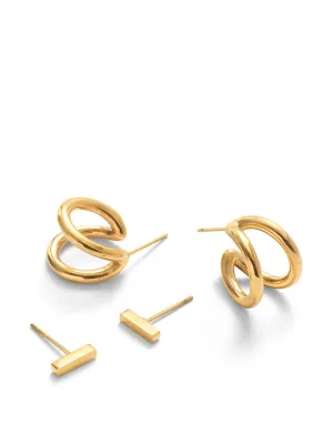 Gold double huggie hoops & bar stud earrings