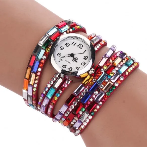 Hot Fashion Women Retro Beads Synthetic Leather Strap Watch Bracelet Wristwatch