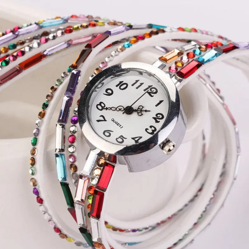 Hot Fashion Women Retro Beads Synthetic Leather Strap Watch Bracelet Wristwatch