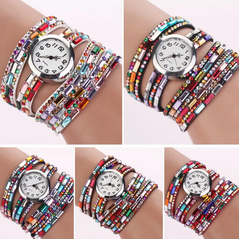 Hot Fashion Women Retro Beads Synthetic Leather Strap Watch Bracelet Wristwatch