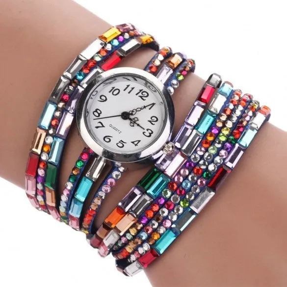 Hot Fashion Women Retro Beads Synthetic Leather Strap Watch Bracelet Wristwatch