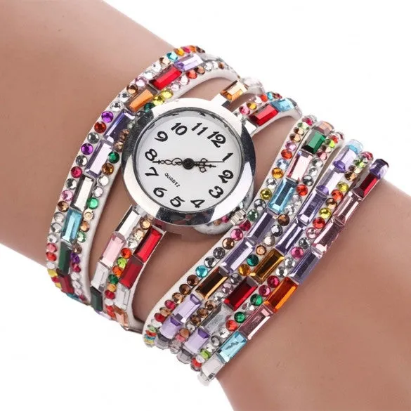 Hot Fashion Women Retro Beads Synthetic Leather Strap Watch Bracelet Wristwatch