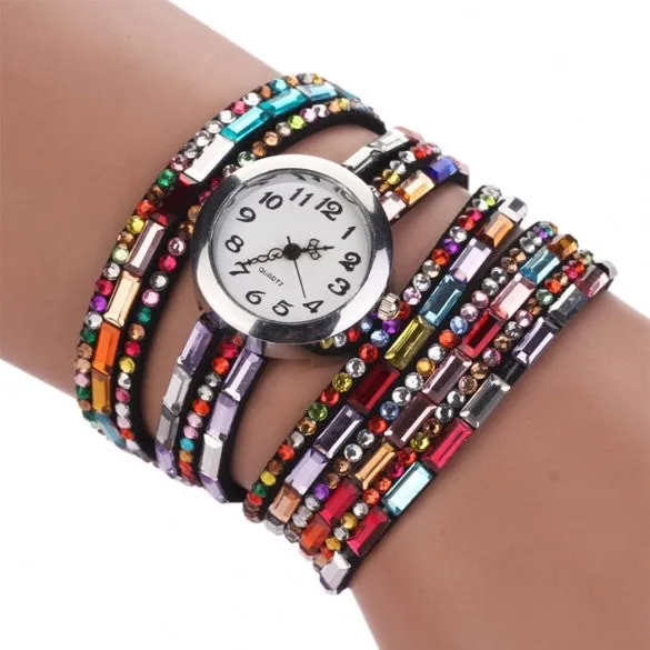 Hot Fashion Women Retro Beads Synthetic Leather Strap Watch Bracelet Wristwatch
