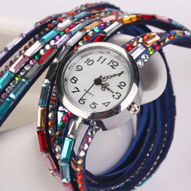 Hot Fashion Women Retro Beads Synthetic Leather Strap Watch Bracelet Wristwatch