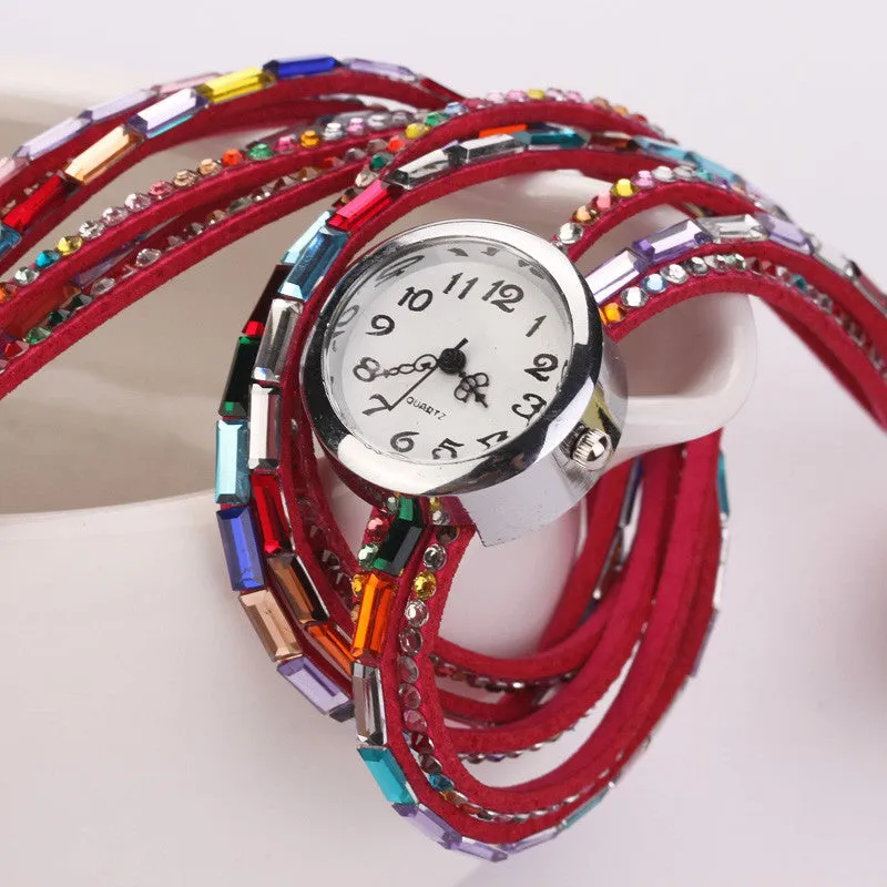 Hot Fashion Women Retro Beads Synthetic Leather Strap Watch Bracelet Wristwatch