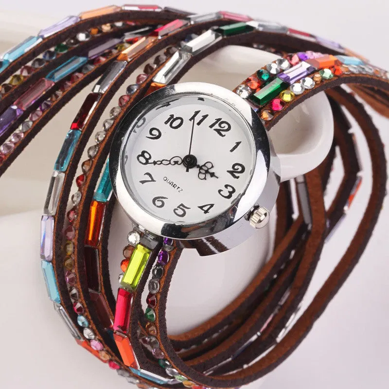 Hot Fashion Women Retro Beads Synthetic Leather Strap Watch Bracelet Wristwatch