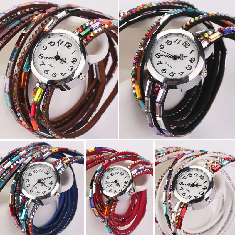 Hot Fashion Women Retro Beads Synthetic Leather Strap Watch Bracelet Wristwatch