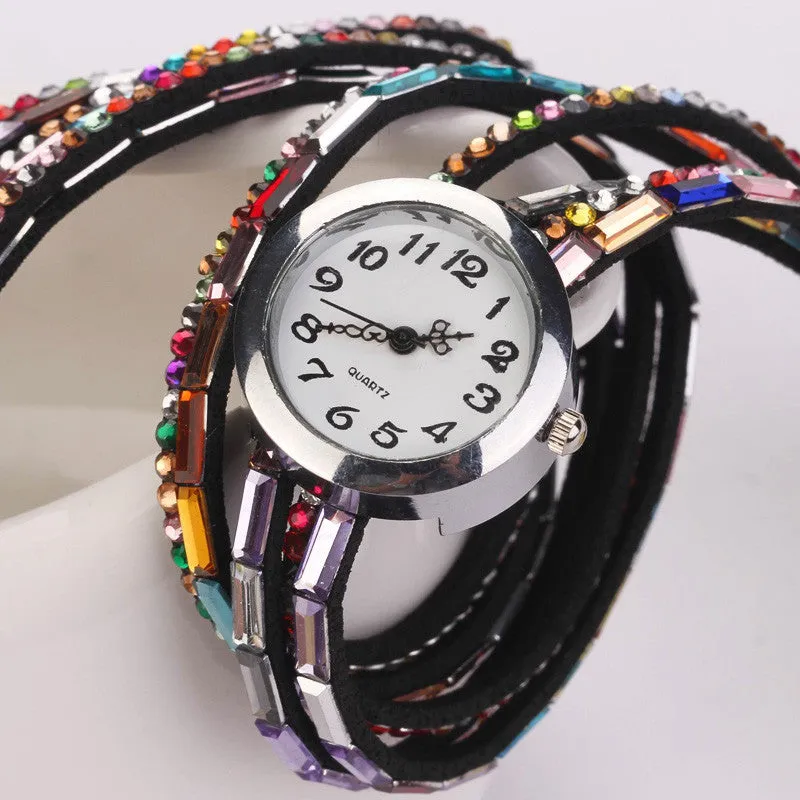 Hot Fashion Women Retro Beads Synthetic Leather Strap Watch Bracelet Wristwatch