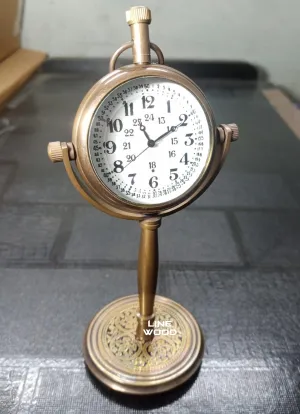 LINE WOOD™ - Handmade Antique Brass Table Clock Desk Clock Watches with Brass Rounded Shape Home & Office Decor Wedding Gift (5 Inch - Antique Brown)