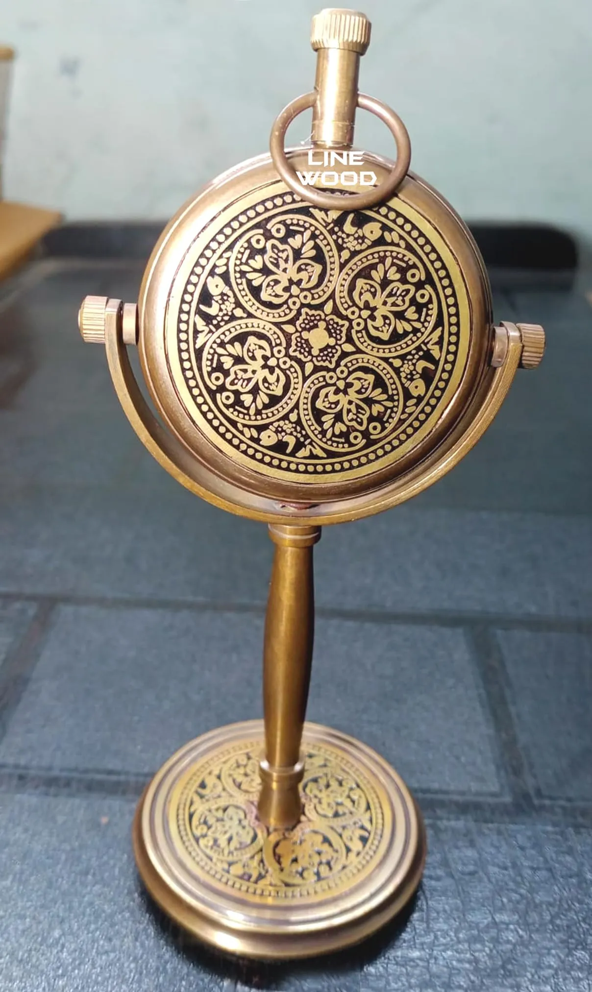 LINE WOOD™ - Handmade Antique Brass Table Clock Desk Clock Watches with Brass Rounded Shape Home & Office Decor Wedding Gift (5 Inch - Antique Brown)