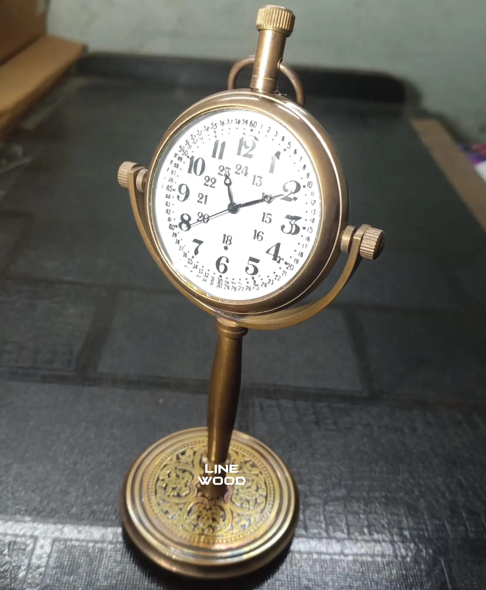 LINE WOOD™ - Handmade Antique Brass Table Clock Desk Clock Watches with Brass Rounded Shape Home & Office Decor Wedding Gift (5 Inch - Antique Brown)