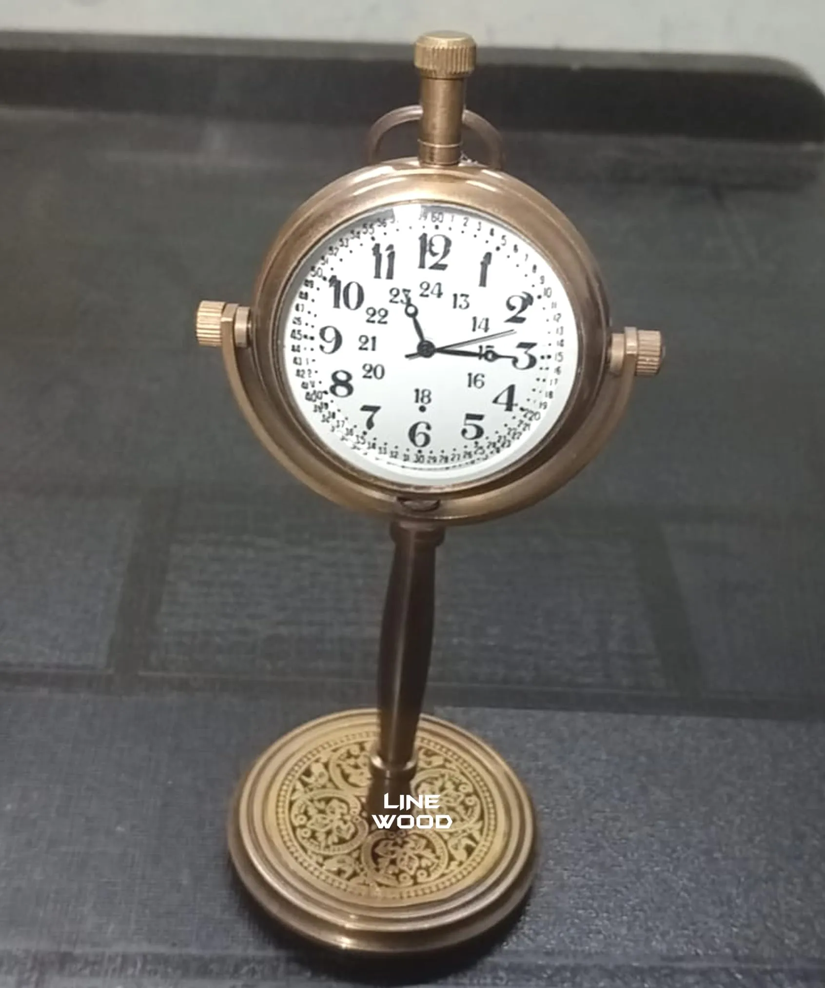 LINE WOOD™ - Handmade Antique Brass Table Clock Desk Clock Watches with Brass Rounded Shape Home & Office Decor Wedding Gift (5 Inch - Antique Brown)