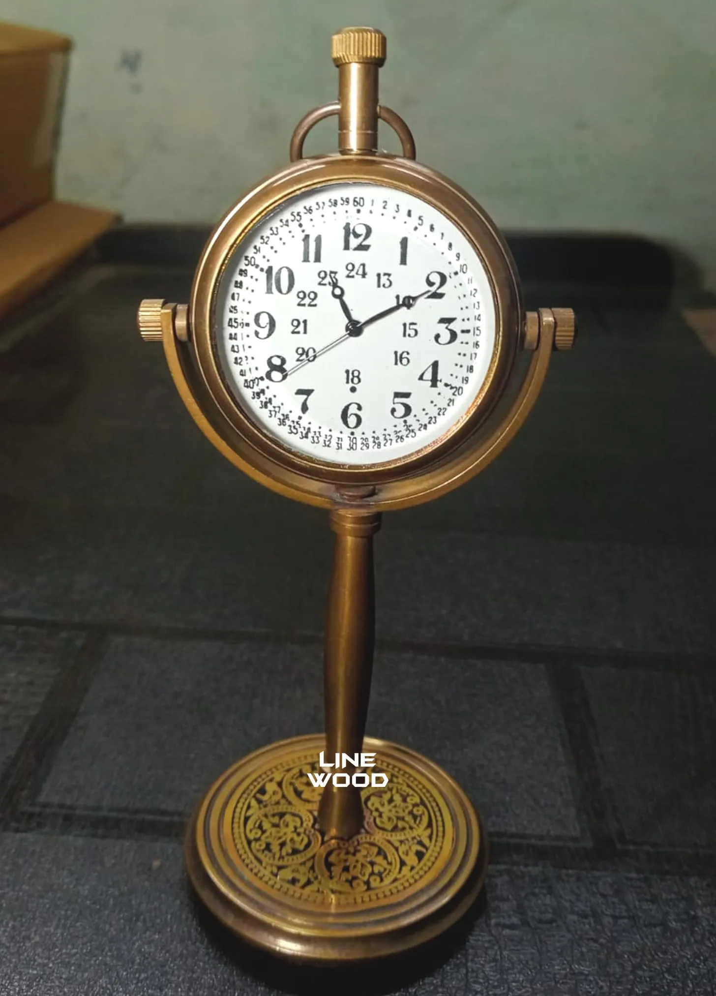 LINE WOOD™ - Handmade Antique Brass Table Clock Desk Clock Watches with Brass Rounded Shape Home & Office Decor Wedding Gift (5 Inch - Antique Brown)