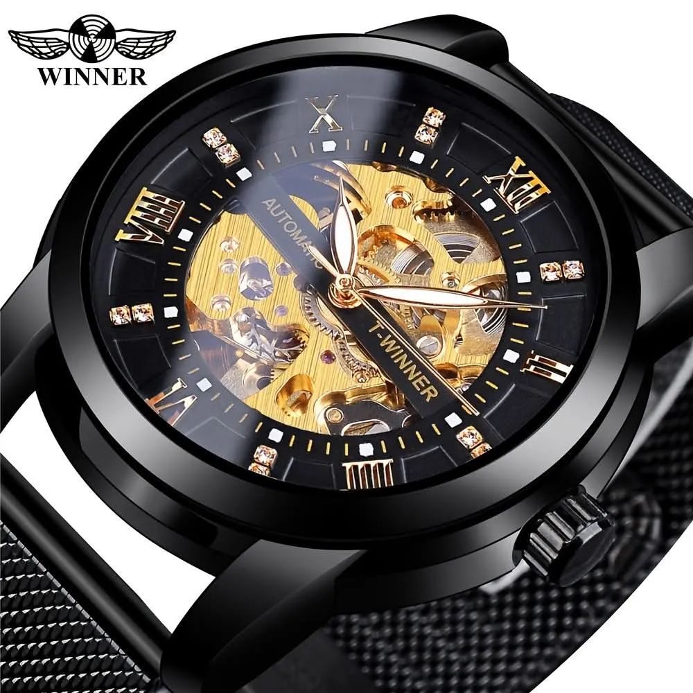 Men’s Rhinestone Mesh Watch- Hollow Dial