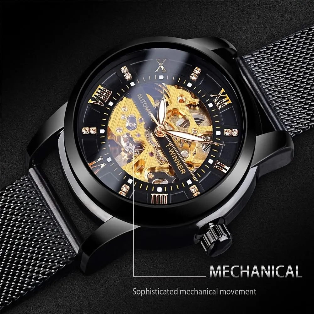 Men’s Rhinestone Mesh Watch- Hollow Dial