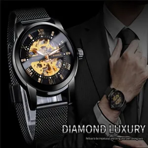 Men’s Rhinestone Mesh Watch- Hollow Dial