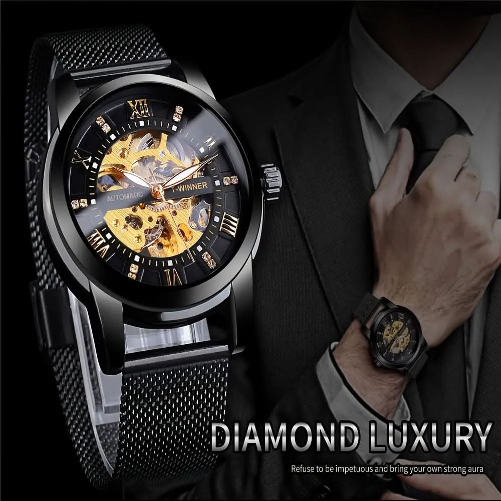 Men’s Rhinestone Mesh Watch- Hollow Dial