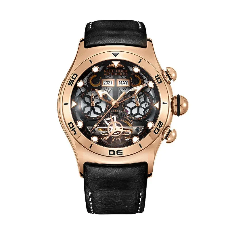 PReef Tiger/RT Sport Watch For Men Skeleton Luminous Watch Year Month Date Day Rose Gold Automatic Watches