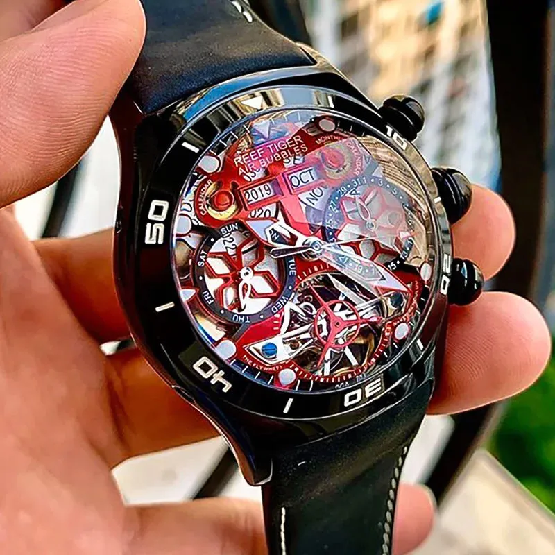 PReef Tiger/RT Sport Watch For Men Skeleton Luminous Watch Year Month Date Day Rose Gold Automatic Watches