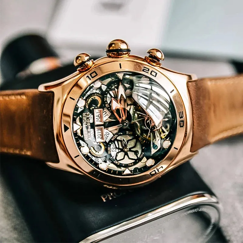 PReef Tiger/RT Sport Watch For Men Skeleton Luminous Watch Year Month Date Day Rose Gold Automatic Watches