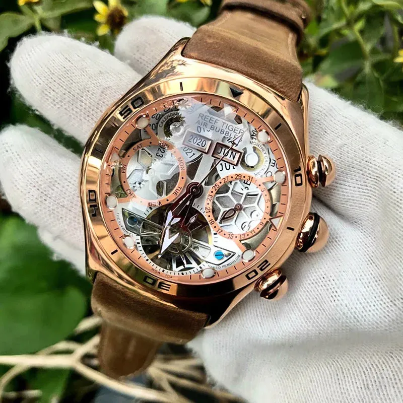 PReef Tiger/RT Sport Watch For Men Skeleton Luminous Watch Year Month Date Day Rose Gold Automatic Watches