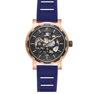 PUNCH Mens Watch, Rose Gold & Black Skeleton Automatic Watch - Navy Rubber Strap