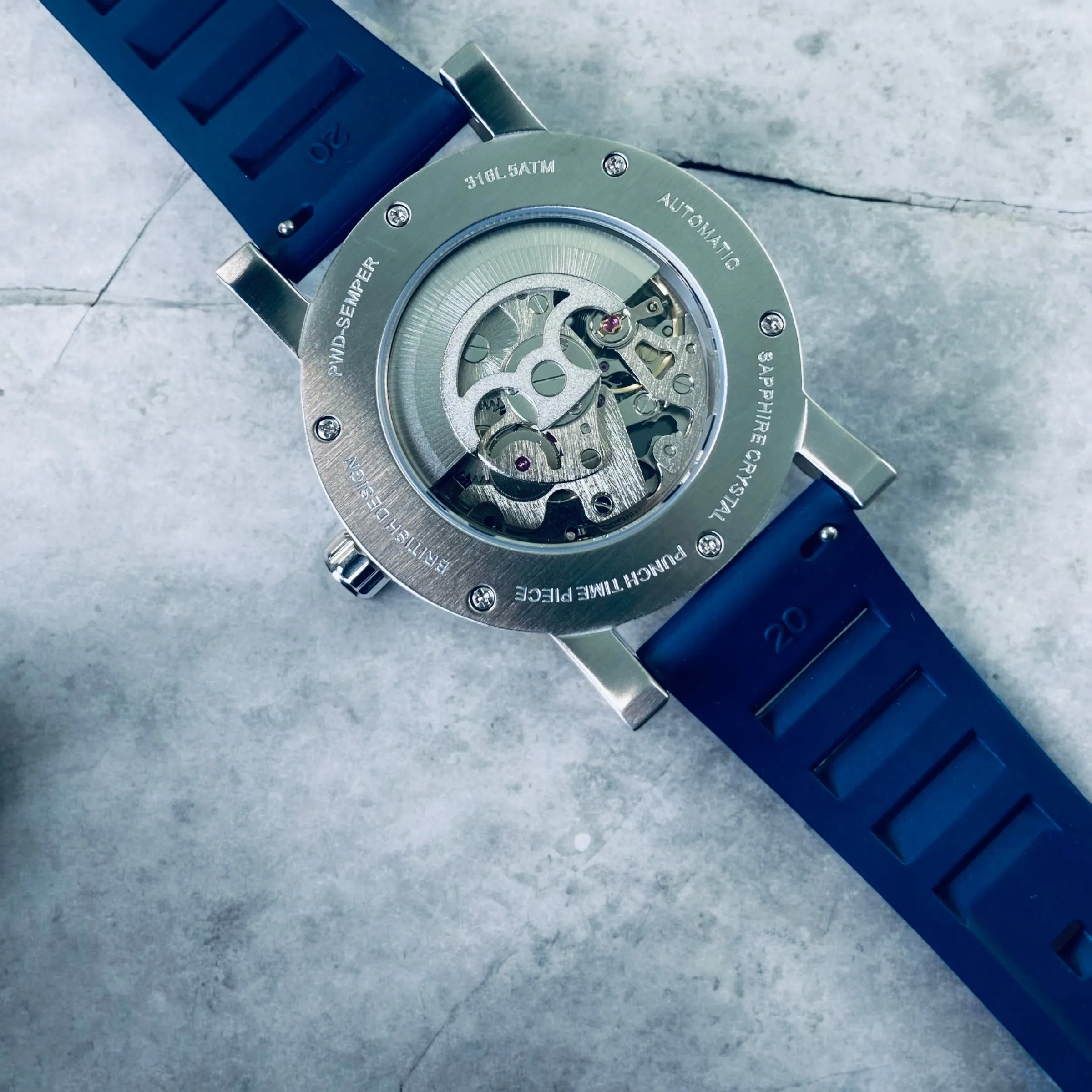 PUNCH Mens Watch, Silver & White Skeleton Automatic Watch - Navy Rubber Strap