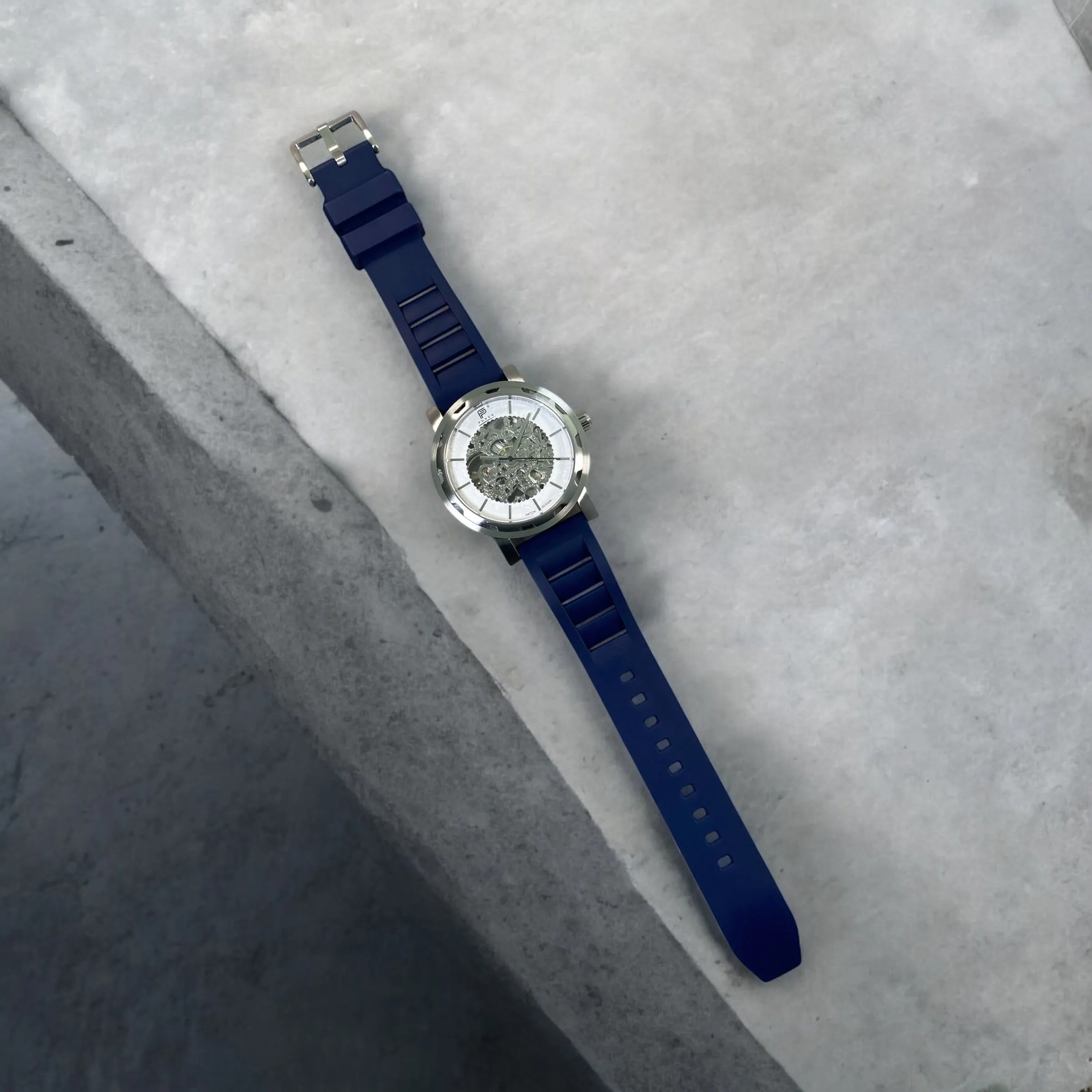 PUNCH Mens Watch, Silver & White Skeleton Automatic Watch - Navy Rubber Strap