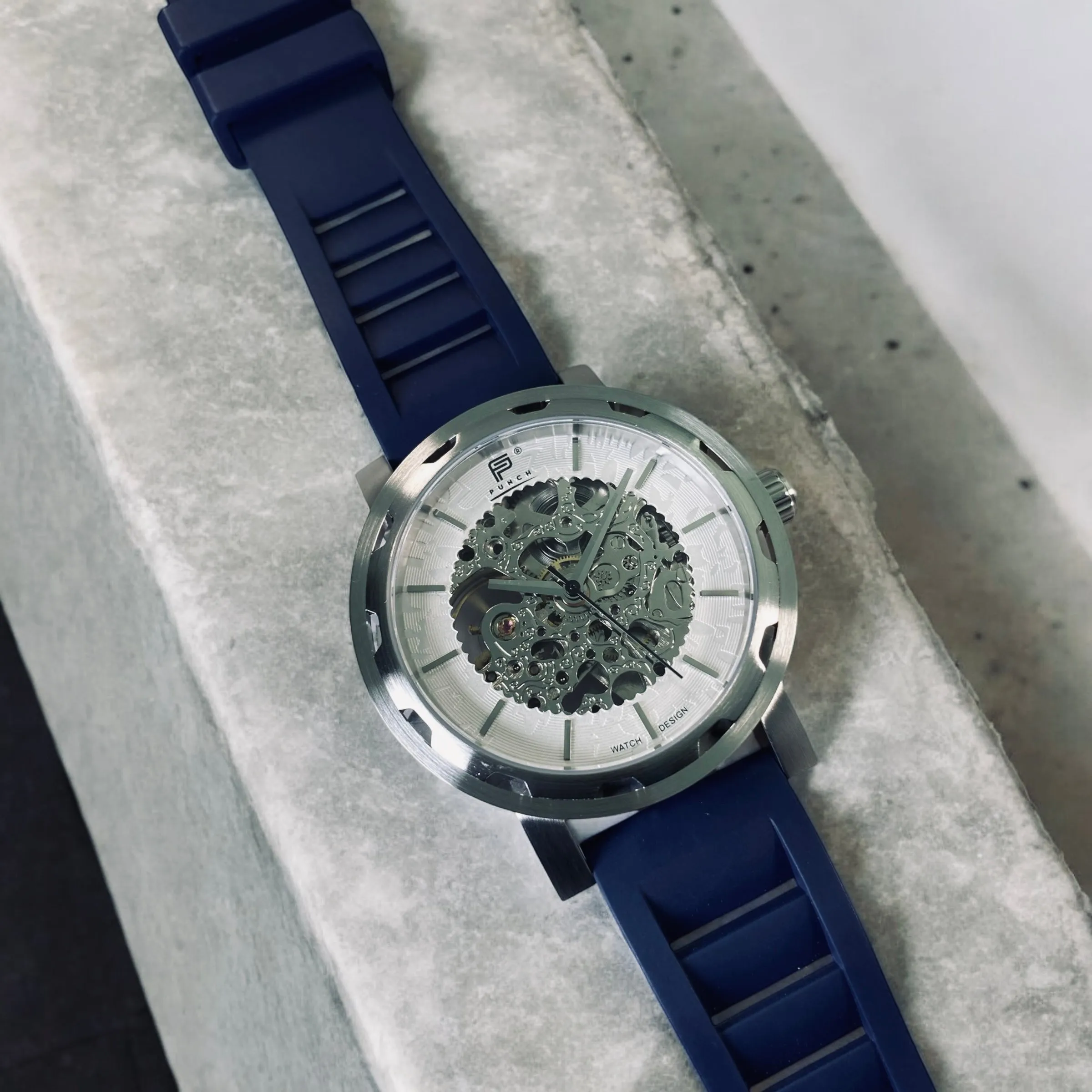 PUNCH Mens Watch, Silver & White Skeleton Automatic Watch - Navy Rubber Strap