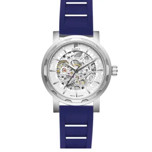 PUNCH Mens Watch, Silver & White Skeleton Automatic Watch - Navy Rubber Strap