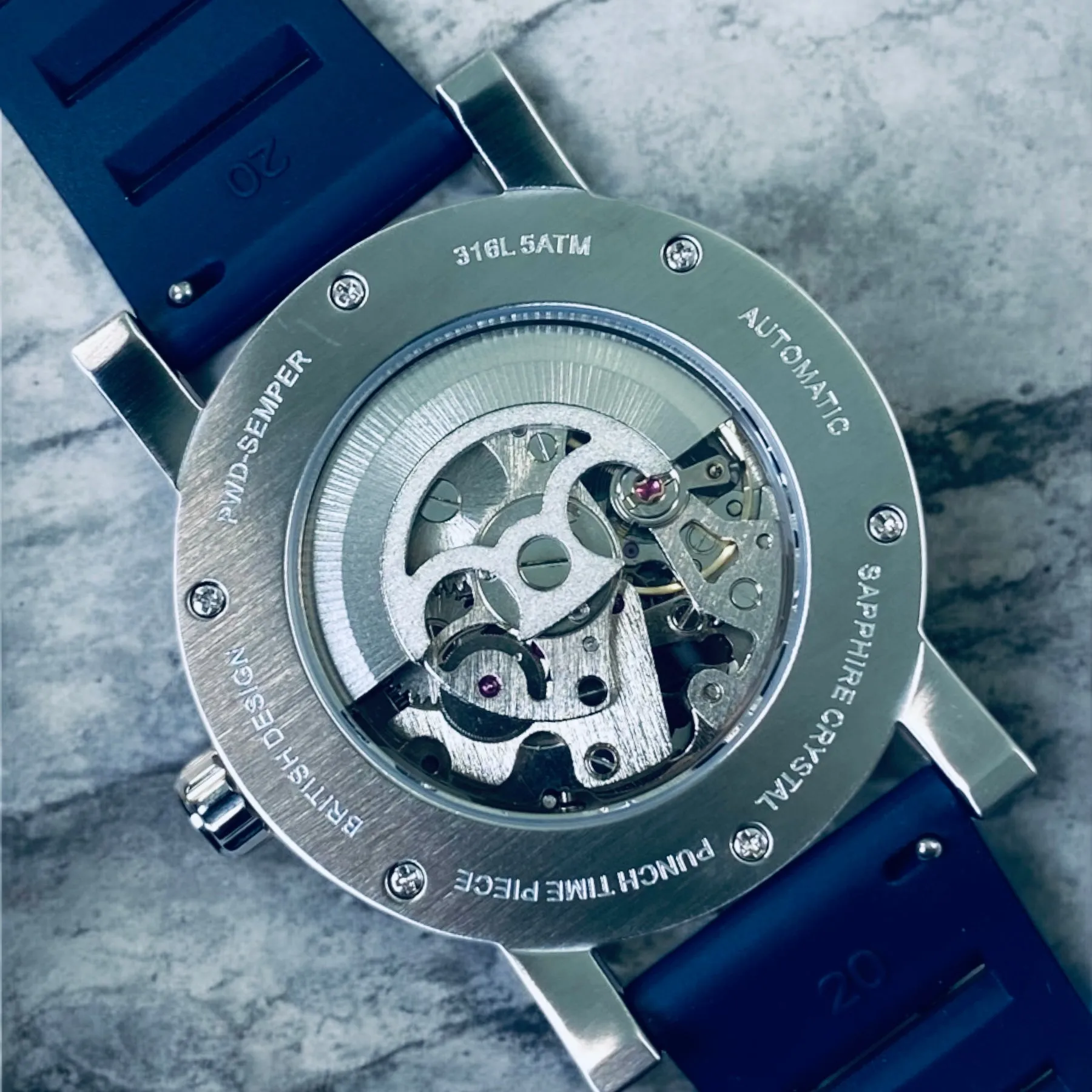 PUNCH Mens Watch, Silver & White Skeleton Automatic Watch - Navy Rubber Strap