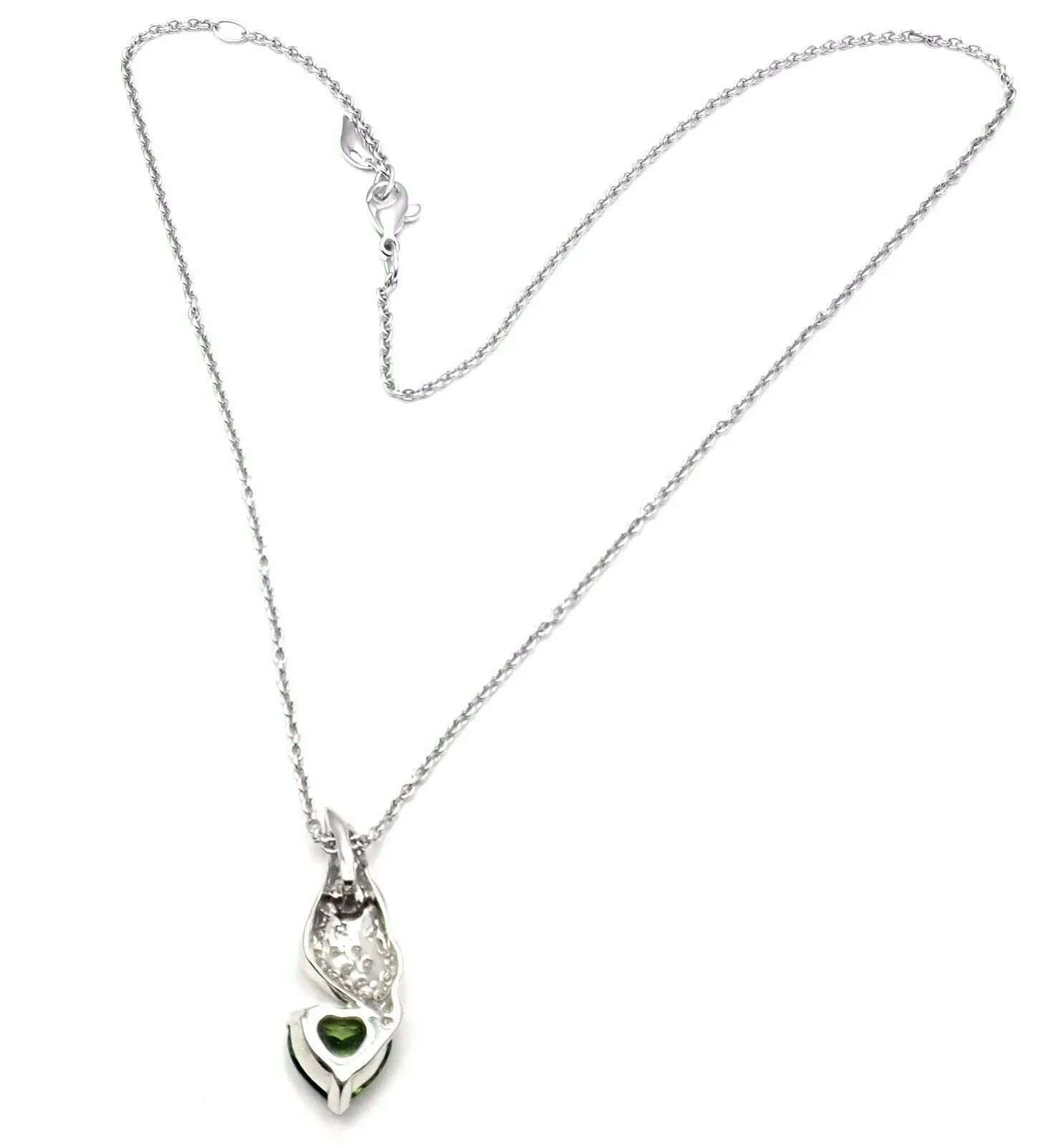 Rare! Authentic Piaget 18k White Gold Diamond Peridot Heart Pendant Necklace