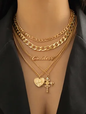 Retro Multi-layer Heart Shaped Relief Figure & Cross Pendant Necklace 5pcs