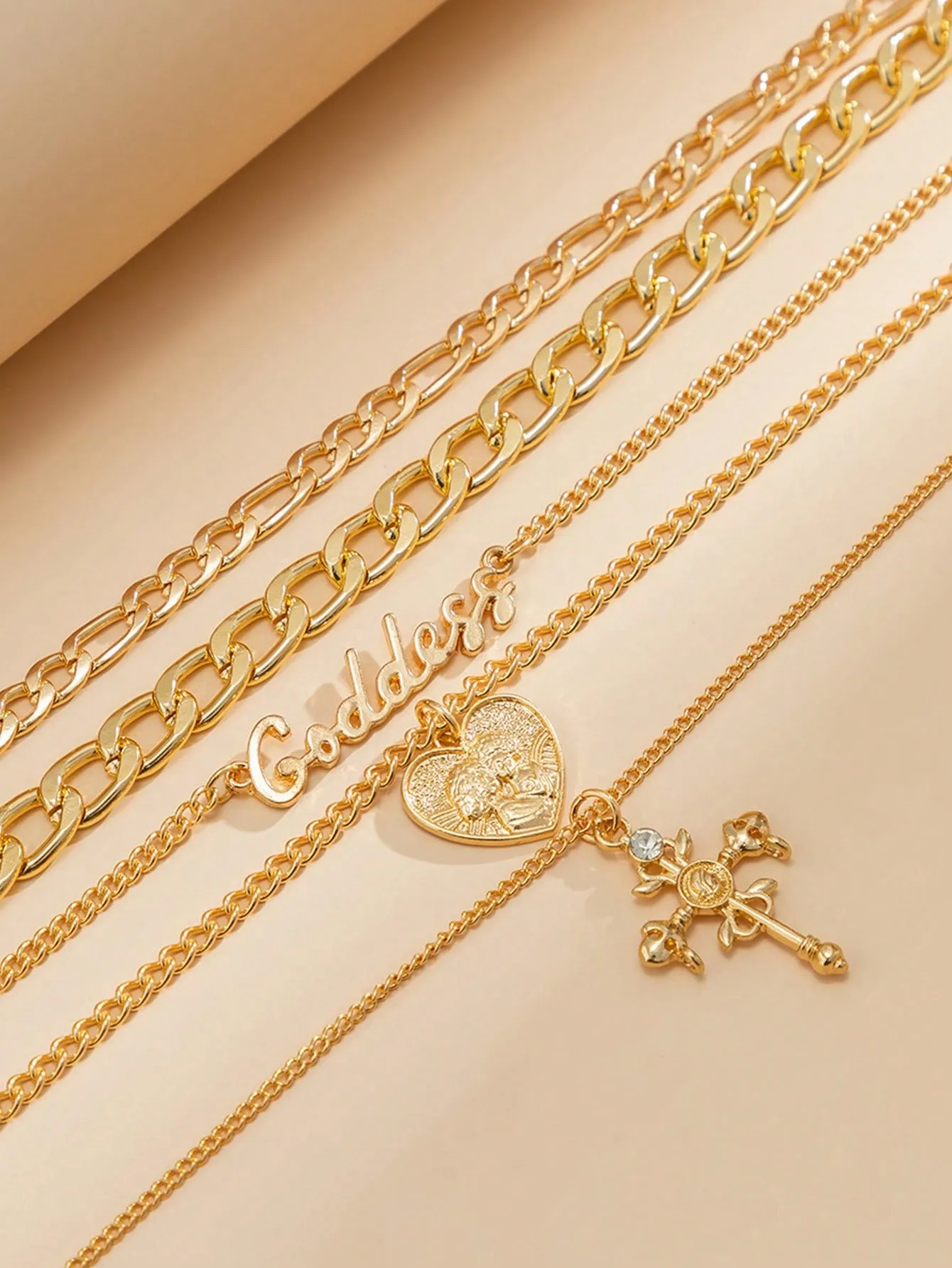 Retro Multi-layer Heart Shaped Relief Figure & Cross Pendant Necklace 5pcs