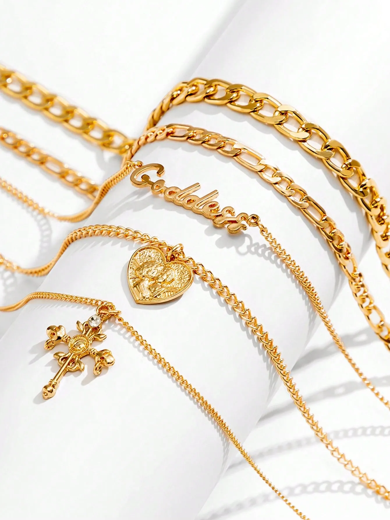 Retro Multi-layer Heart Shaped Relief Figure & Cross Pendant Necklace 5pcs