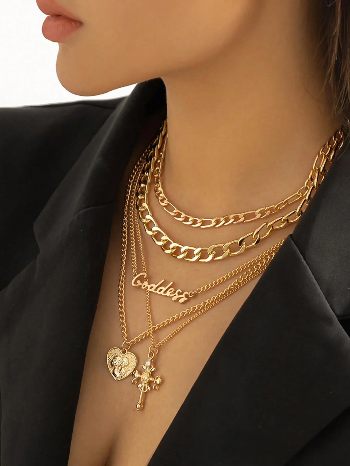 Retro Multi-layer Heart Shaped Relief Figure & Cross Pendant Necklace 5pcs