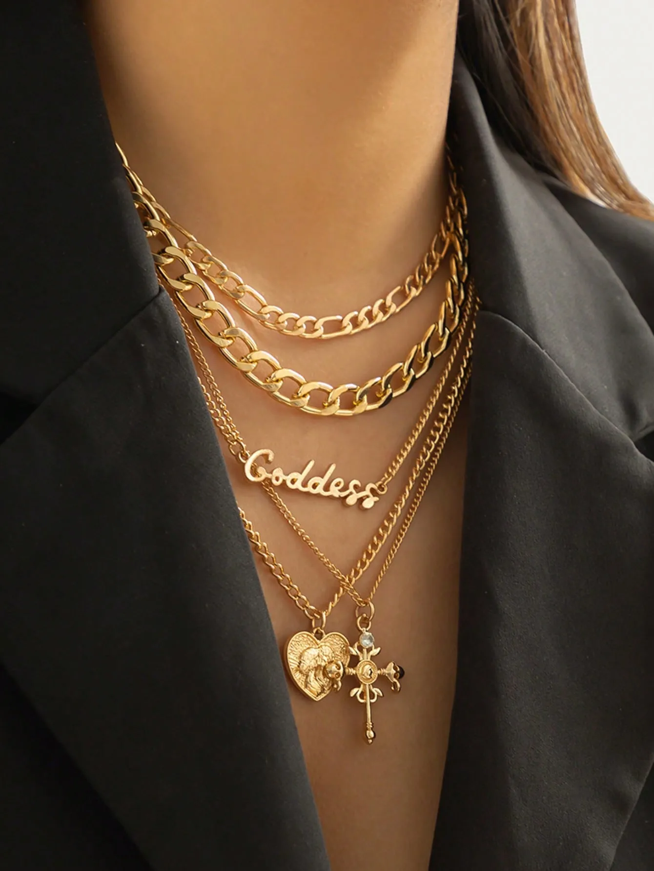 Retro Multi-layer Heart Shaped Relief Figure & Cross Pendant Necklace 5pcs