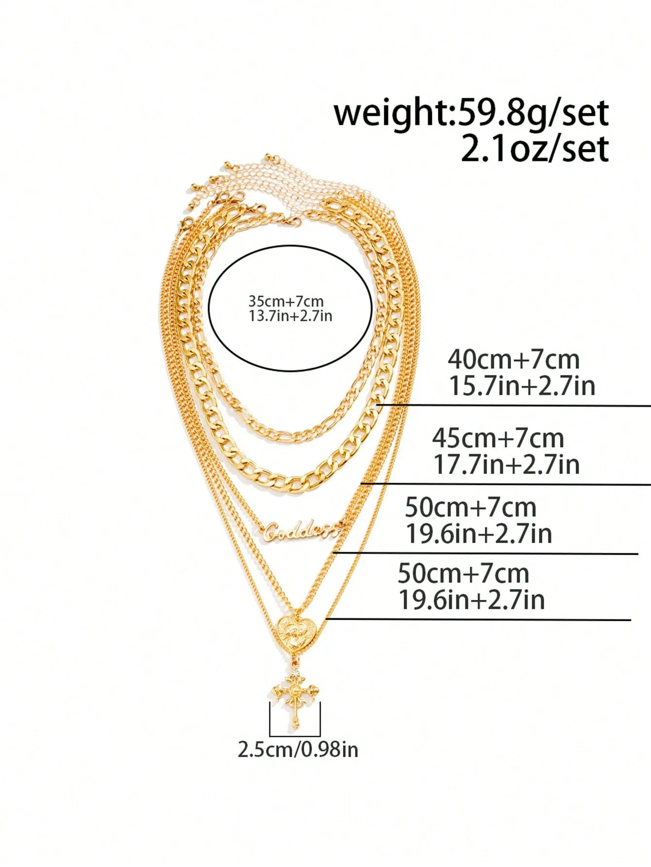 Retro Multi-layer Heart Shaped Relief Figure & Cross Pendant Necklace 5pcs