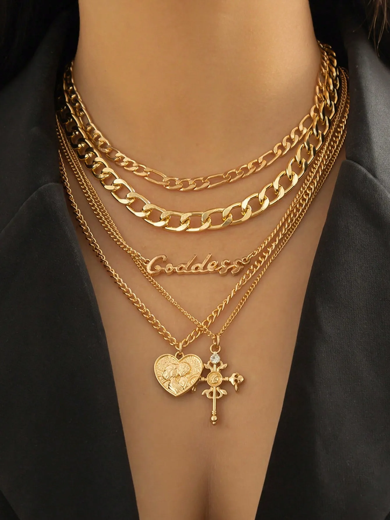 Retro Multi-layer Heart Shaped Relief Figure & Cross Pendant Necklace 5pcs
