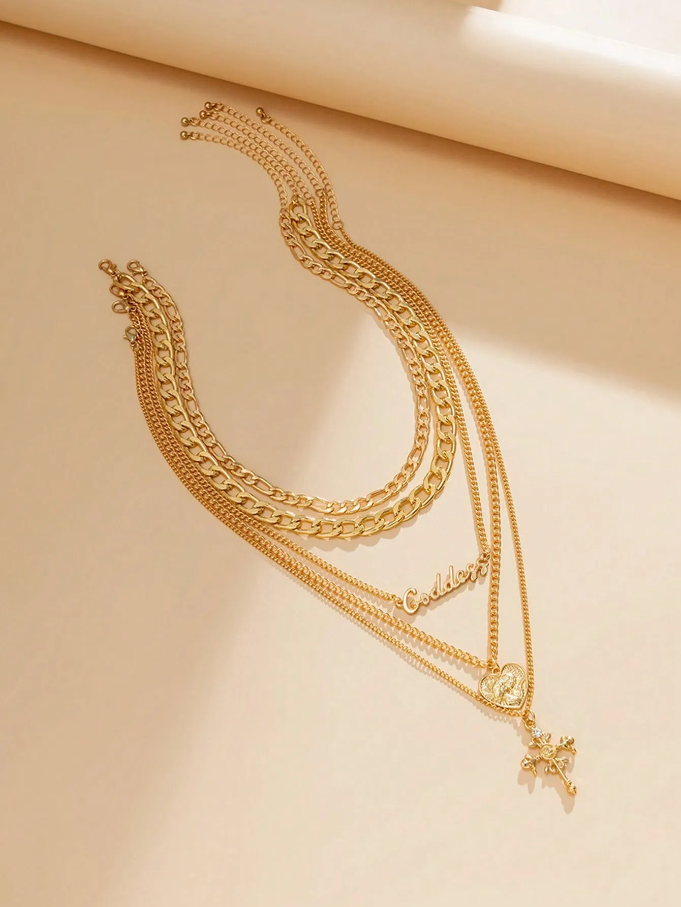Retro Multi-layer Heart Shaped Relief Figure & Cross Pendant Necklace 5pcs