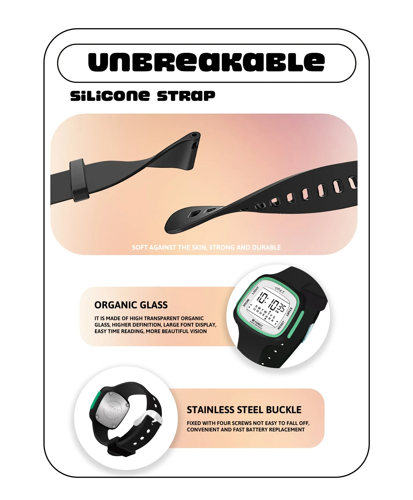 Spiky Unique Square Digital Watch for Kids - Green