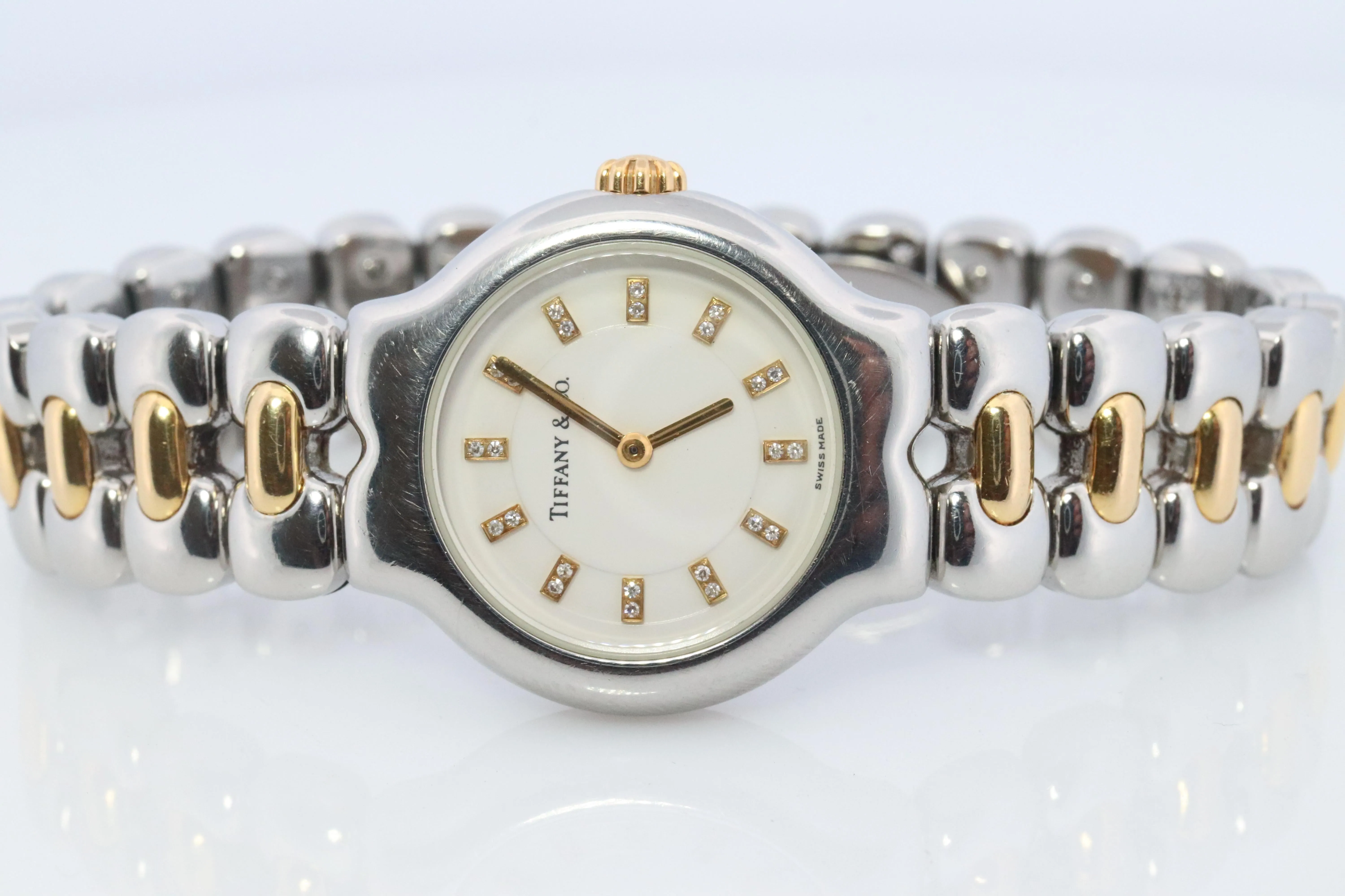 Tiffany and Co Diamond Watch. 18k Tiffany Tesoro Stainless Steel Ladies 25mm.