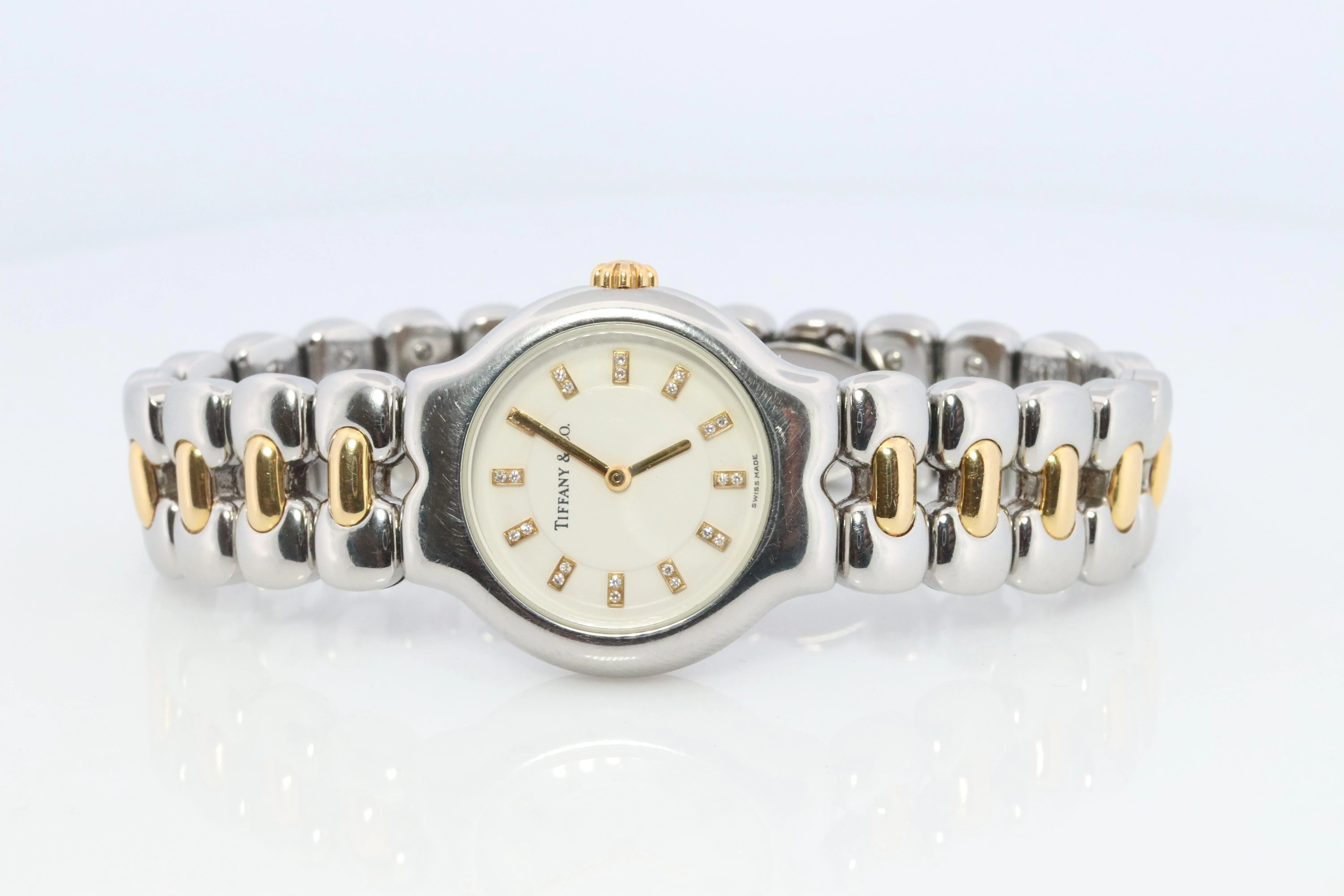 Tiffany and Co Diamond Watch. 18k Tiffany Tesoro Stainless Steel Ladies 25mm.