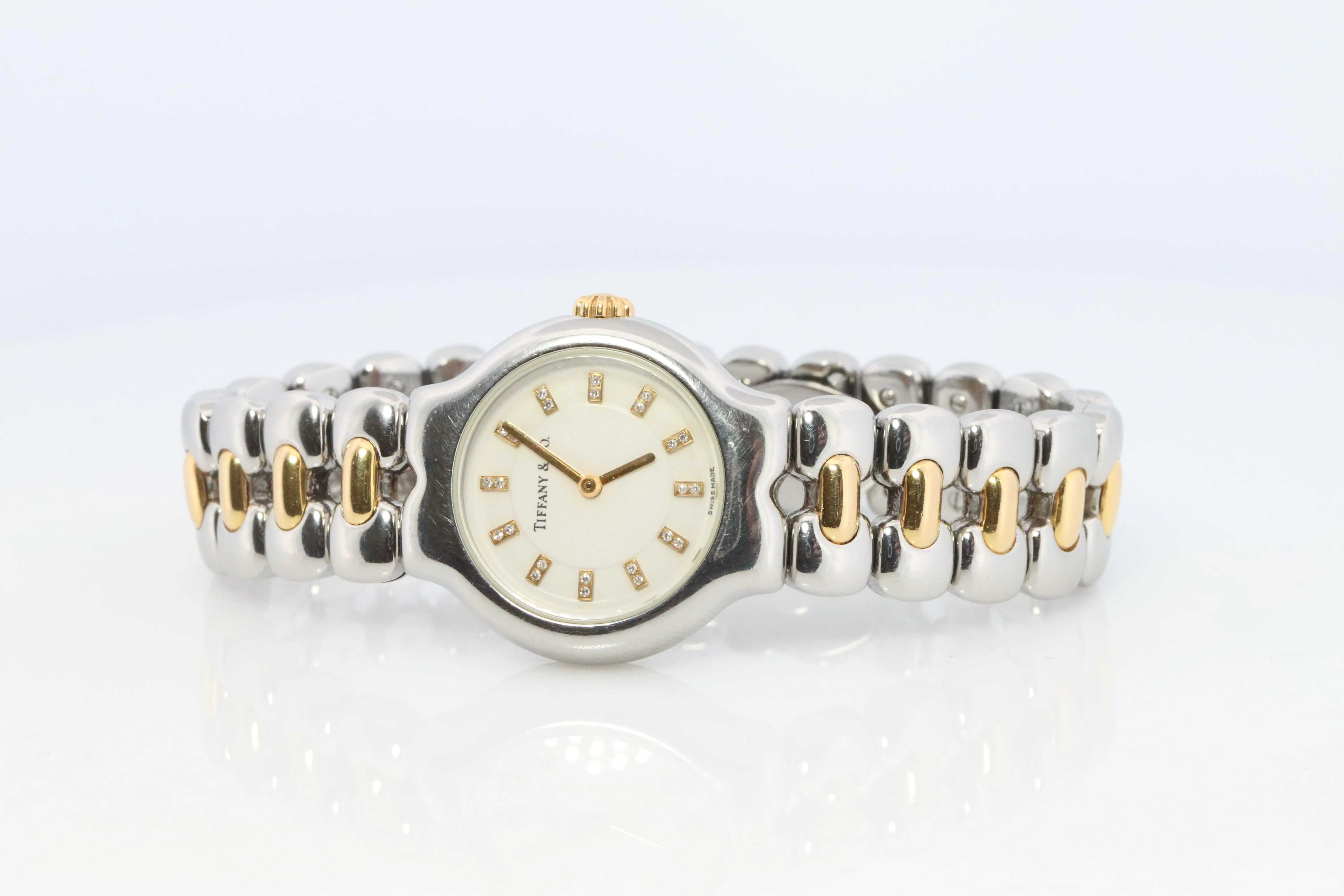 Tiffany and Co Diamond Watch. 18k Tiffany Tesoro Stainless Steel Ladies 25mm.